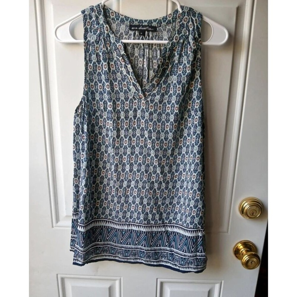 Navy, White and Coral Printed Sleeveless Tank